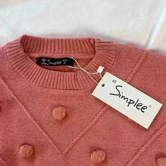 Simplee Pink Pompom Crewneck Pullover Cable Knit Cuff Sweater Women's Size Small - Picture 6 of 9